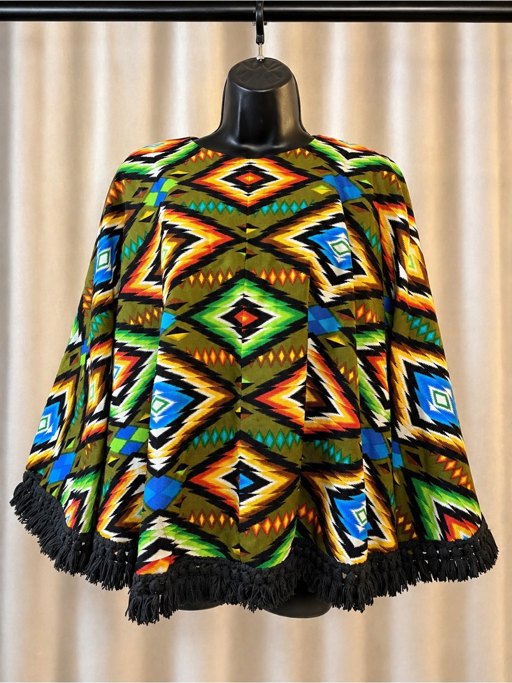 American Vintage Handmade Boho Western Aztec-Style Fringe Cape | Statement XS-XL